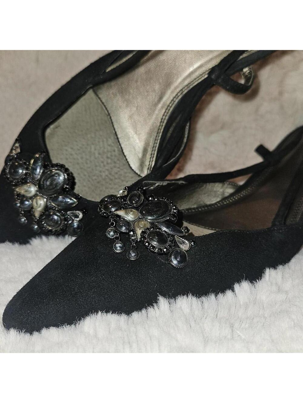 Vintage Black Suede Pointed Kitten Heel, dangles, jewel embellishments